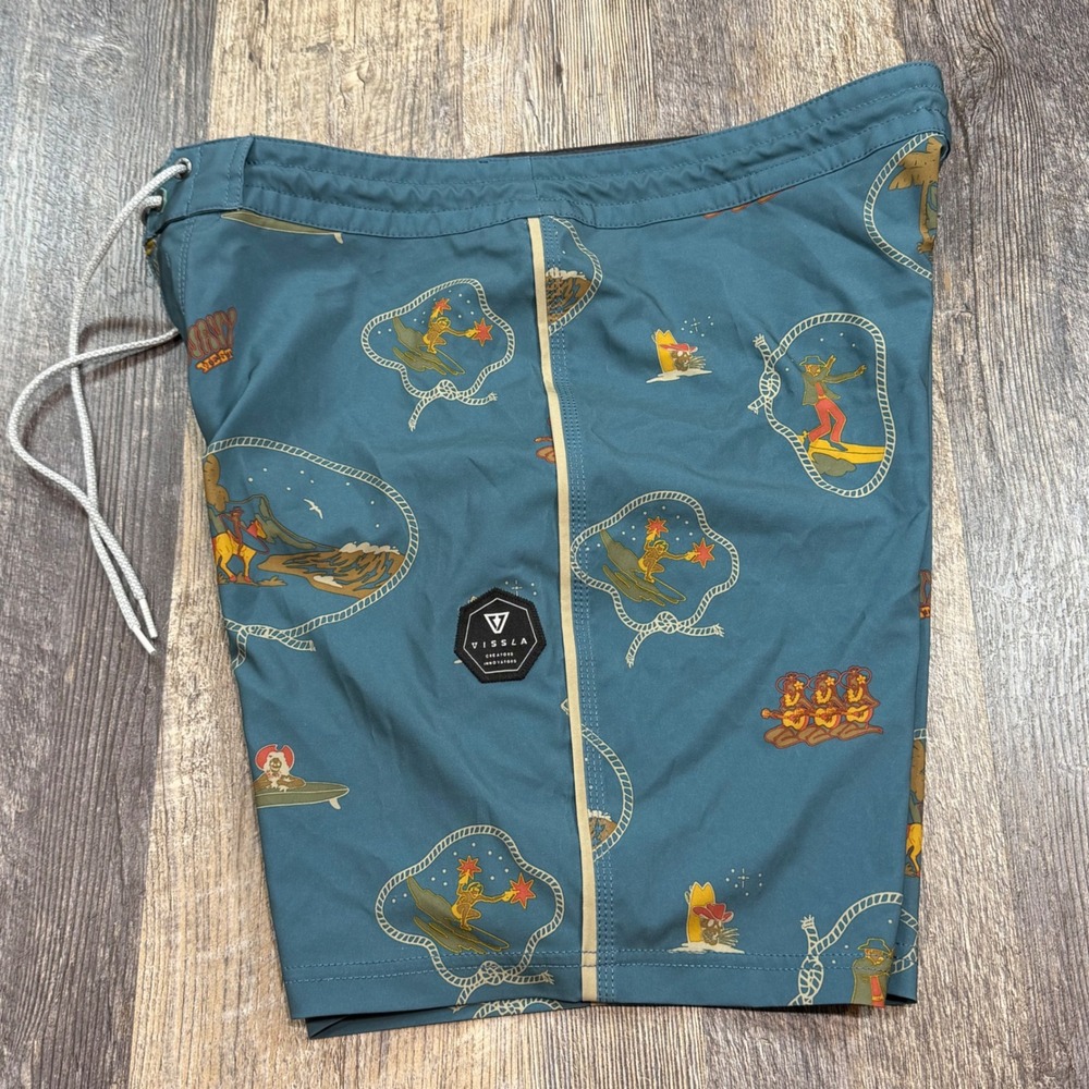 Vissla Board Shorts Mens 34 Teal Wavy West Jack Soren Collab Western 7" Inseam